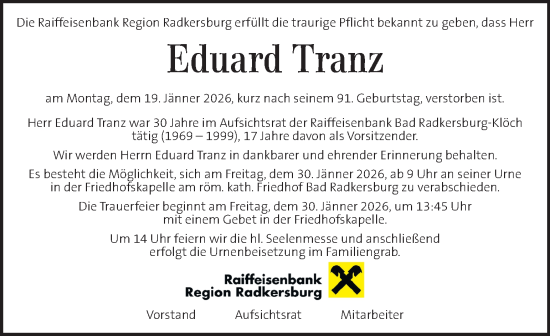 Traueranzeige von Eduard Tranz von Kleine Zeitung