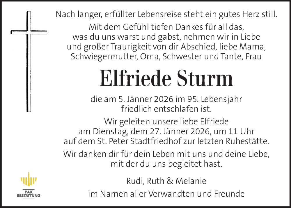  Traueranzeige für Elfriede Sturm vom 17.01.2026 aus Kleine Zeitung