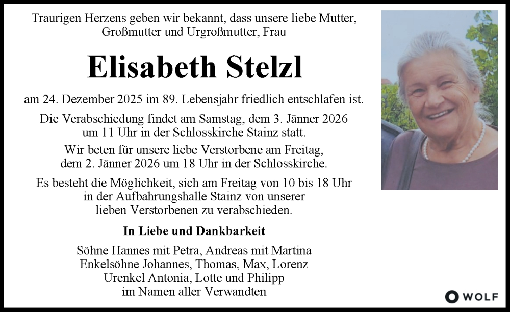  Traueranzeige für Elisabeth Stelzl vom 01.01.2026 aus Kleine Zeitung