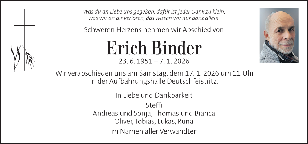  Traueranzeige für Erich Binder vom 13.01.2026 aus Kleine Zeitung