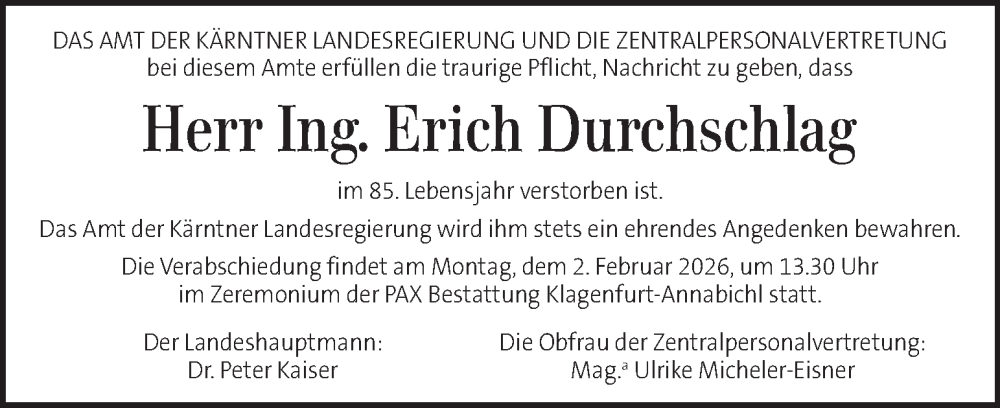  Traueranzeige für Erich Durchschlag vom 31.01.2026 aus Kleine Zeitung