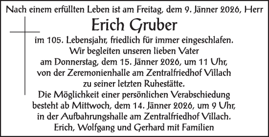 Traueranzeige von Erich Gruber von Kleine Zeitung