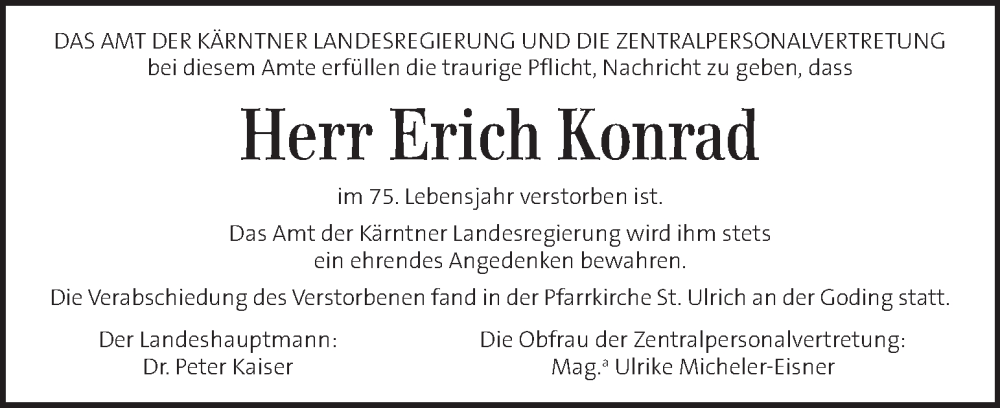  Traueranzeige für Erich Konrad vom 09.01.2026 aus Kleine Zeitung