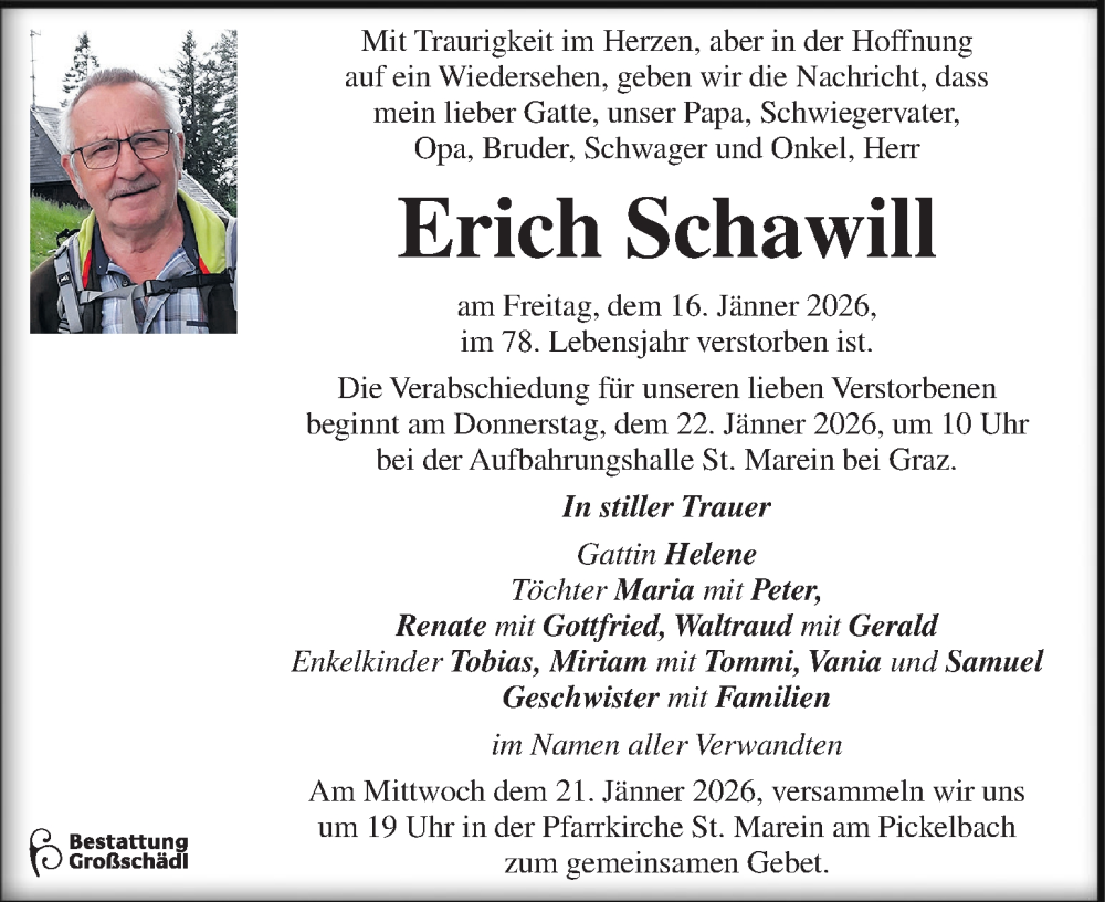  Traueranzeige für Erich Schawill vom 21.01.2026 aus Kleine Zeitung