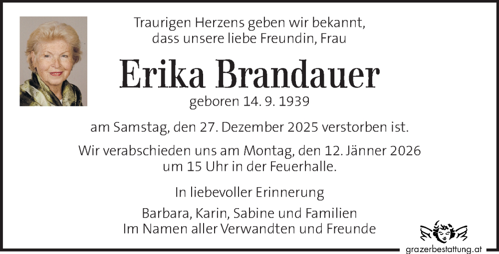  Traueranzeige für Erika Brandauer vom 09.01.2026 aus Kleine Zeitung