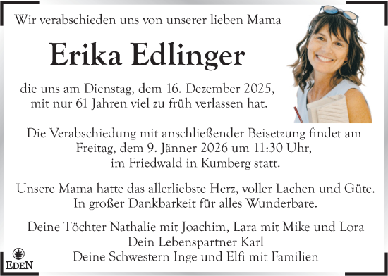 Traueranzeige von Erika Edlinger von Kleine Zeitung