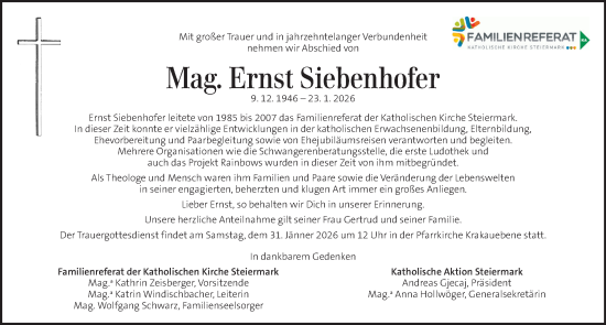 Traueranzeige von Ernst Siebenhofer von Kleine Zeitung