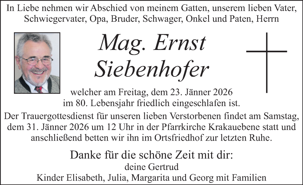  Traueranzeige für Ernst Siebenhofer vom 28.01.2026 aus Kleine Zeitung