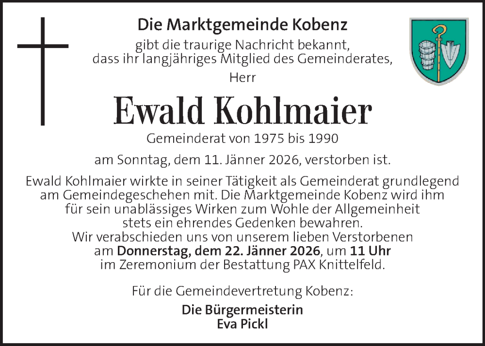  Traueranzeige für Ewald Kohlmaier vom 15.01.2026 aus Kleine Zeitung
