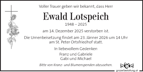 Traueranzeige von Ewald Lotspeich von Kleine Zeitung