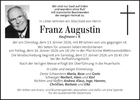 Traueranzeige von Franz Augustin von Kleine Zeitung