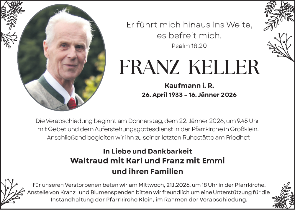  Traueranzeige für Franz Keller vom 21.01.2026 aus Kleine Zeitung