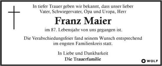 Traueranzeige von Franz Maier von Kleine Zeitung