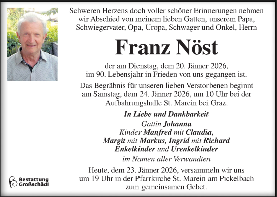 Traueranzeige von Franz Nöst von Kleine Zeitung