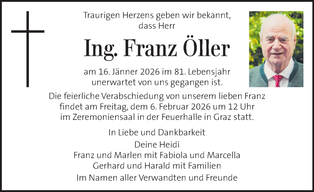  Traueranzeige für Franz Öller vom 31.01.2026 aus Kleine Zeitung