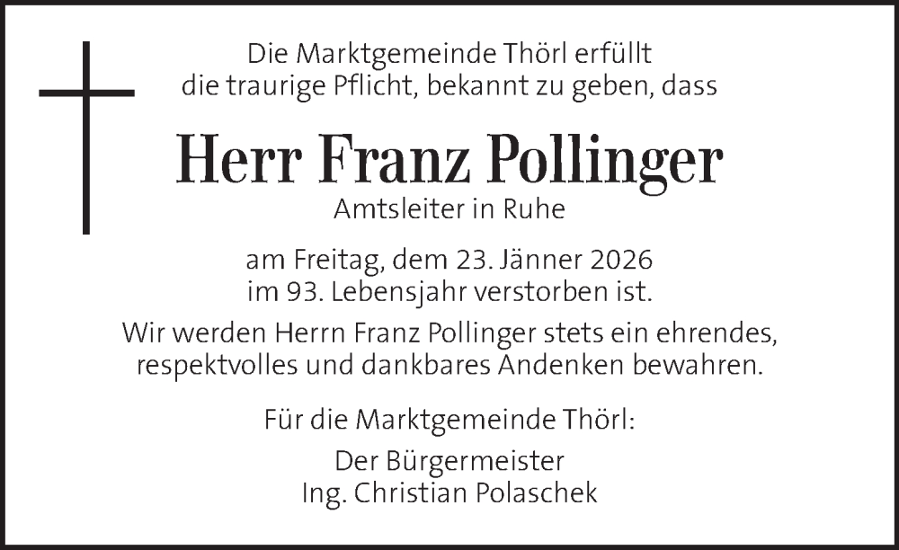  Traueranzeige für Franz Pollinger vom 28.01.2026 aus Kleine Zeitung