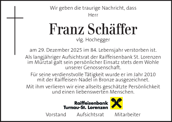 Traueranzeige von Franz Schäffer von Kleine Zeitung