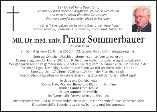 Traueranzeige von Franz Sommerbauer von Kleine Zeitung