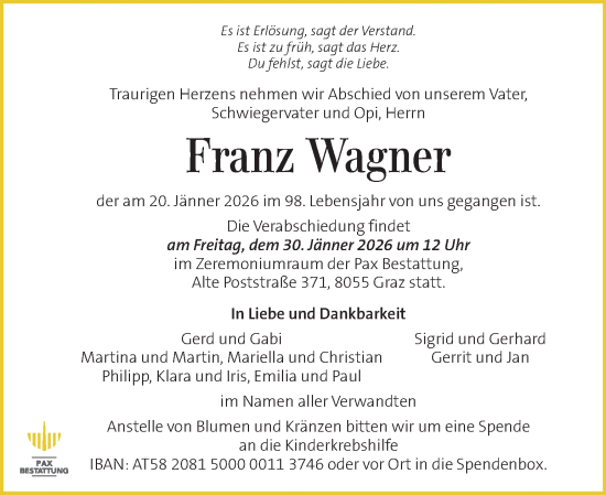 Traueranzeige von Franz Wagner von Kleine Zeitung