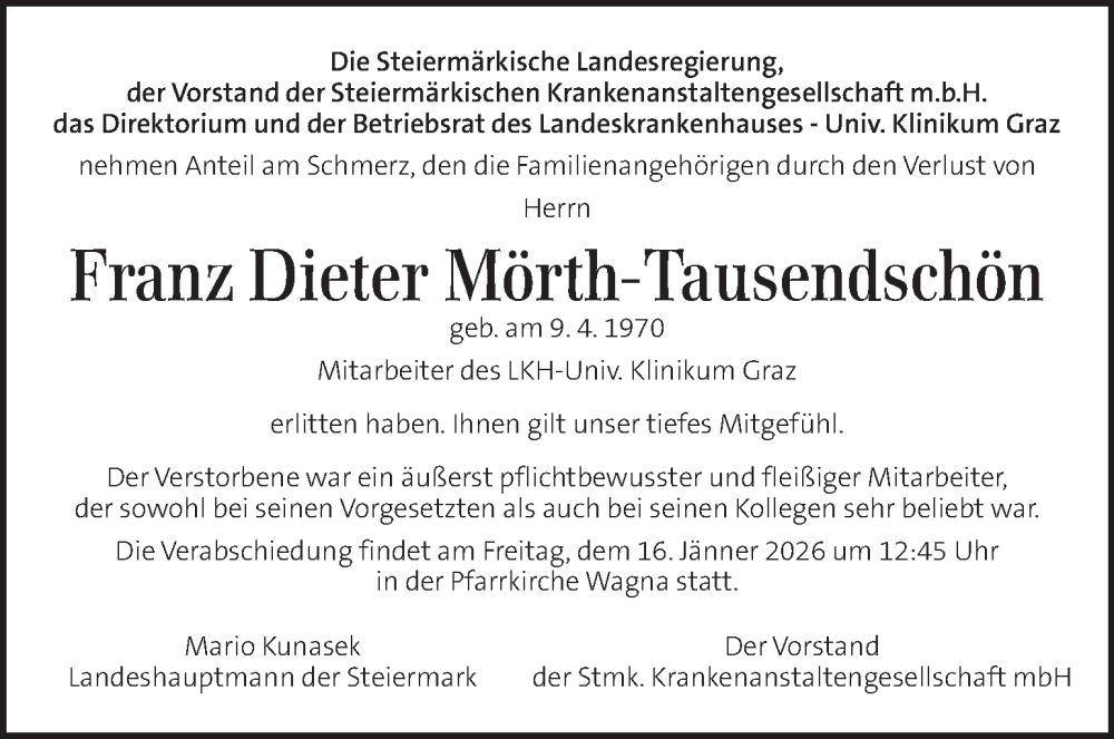 Traueranzeige für Franz Dieter Mörth-Tausendschön vom 15.01.2026 aus Kleine Zeitung