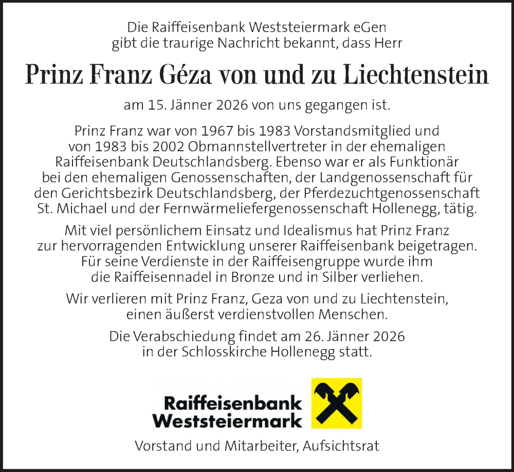  Traueranzeige für Franz Géza von und zu Liechtenstein vom 23.01.2026 aus Kleine Zeitung