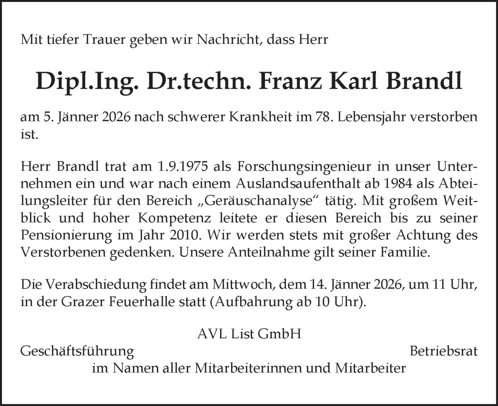  Traueranzeige für Franz Karl Brandl vom 14.01.2026 aus Kleine Zeitung