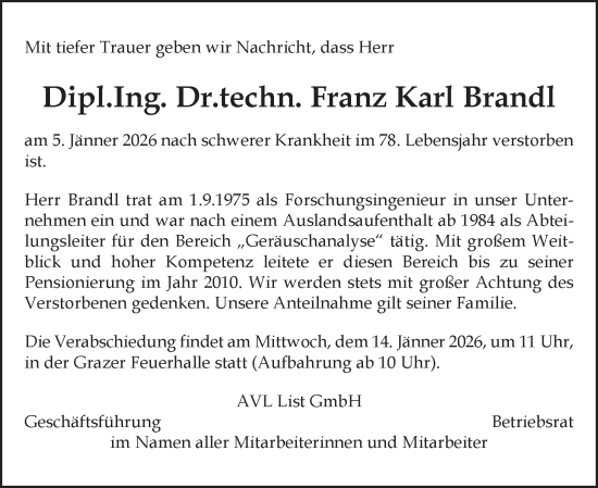 Traueranzeige von Franz Karl Brandl von Kleine Zeitung