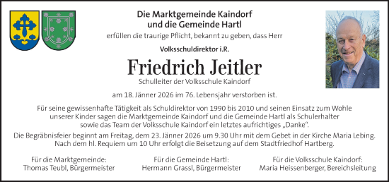 Traueranzeige von Friedrich Jeitler von Kleine Zeitung