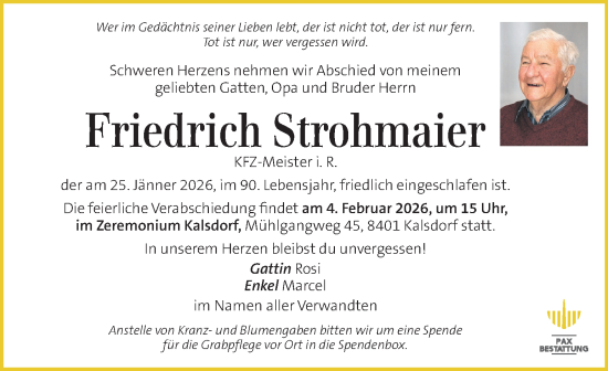 Traueranzeige von Friedrich Strohmaier von Kleine Zeitung