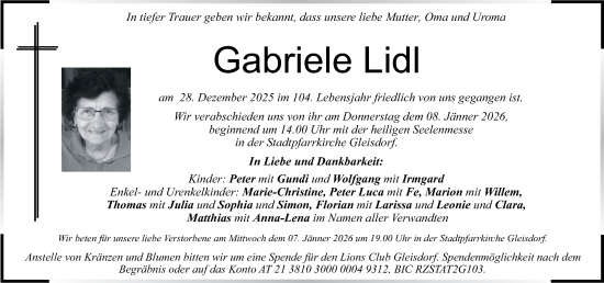 Traueranzeige von Gabriele Lidl von Kleine Zeitung