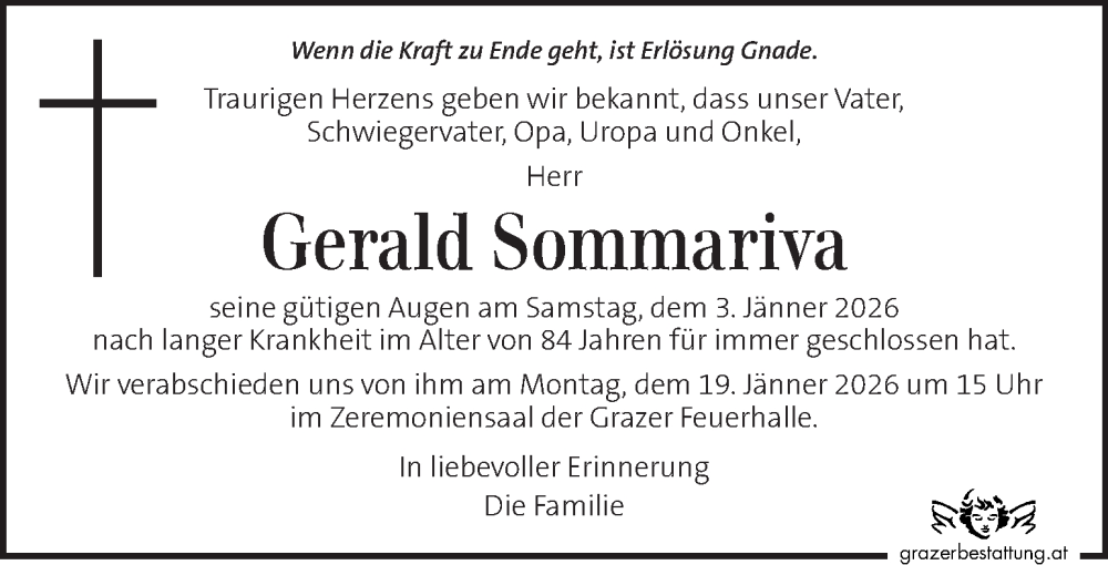  Traueranzeige für Gerald Sommariva vom 14.01.2026 aus Kleine Zeitung