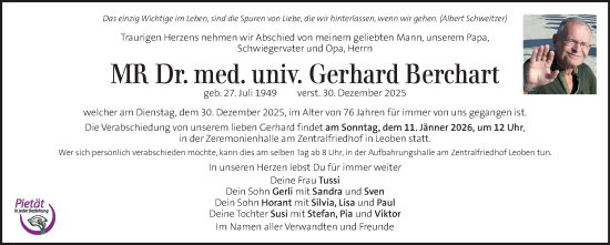 Traueranzeige von Gerhard Berchart von Kleine Zeitung