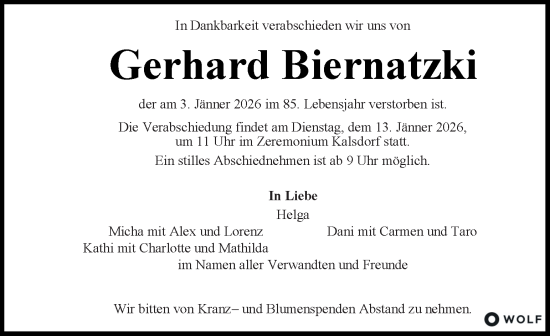 Traueranzeige von Gerhard Biernatzki von Kleine Zeitung