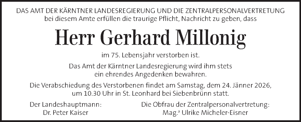  Traueranzeige für Gerhard Millonig vom 24.01.2026 aus Kleine Zeitung