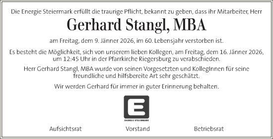Traueranzeige von Gerhard Stangl von Kleine Zeitung