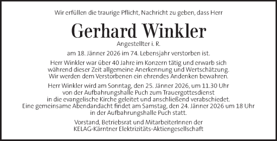 Traueranzeige von Gerhard Winkler von Kleine Zeitung