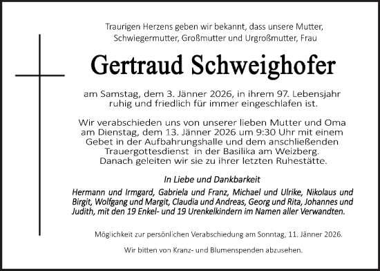 Traueranzeige von Gertraud Schweighofer von Kleine Zeitung