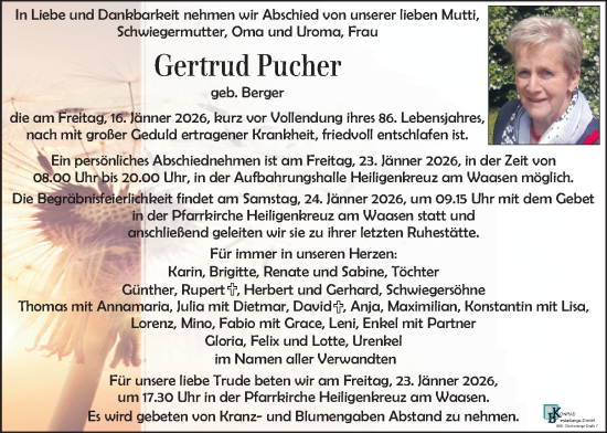 Traueranzeige von Gertrud Pucher von Kleine Zeitung