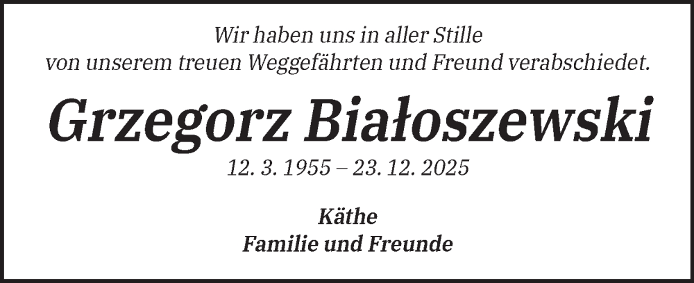  Traueranzeige für Grzegorz Białoszewski vom 17.01.2026 aus Kleine Zeitung