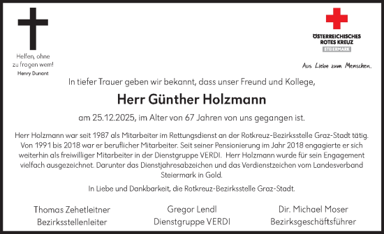 Traueranzeige von Günther Holzmann von Kleine Zeitung