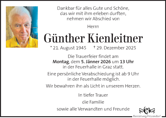 Traueranzeige von Günther Kienleitner von Kleine Zeitung