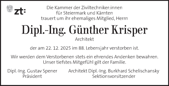 Traueranzeige von Günther Krisper von Kleine Zeitung