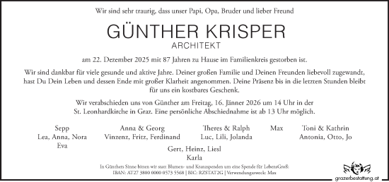 Traueranzeige von Günther Krisper von Kleine Zeitung