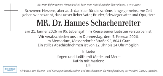 Traueranzeige von Hannes Schachenreiter von Kleine Zeitung