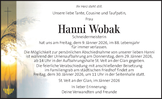 Traueranzeige von Hanni Wobak von Kleine Zeitung
