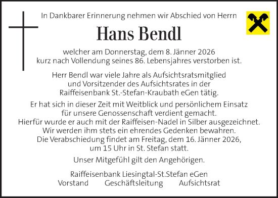 Traueranzeige von Hans Bendl von Kleine Zeitung