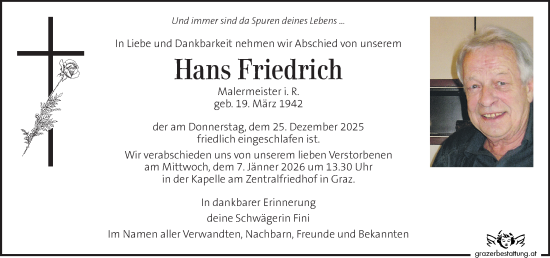 Traueranzeige von Hans Friedrich von Kleine Zeitung