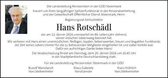 Traueranzeige von Hans Rotschädl von Kleine Zeitung