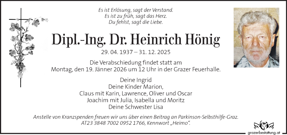  Traueranzeige für Heinrich Hönig vom 10.01.2026 aus Kleine Zeitung