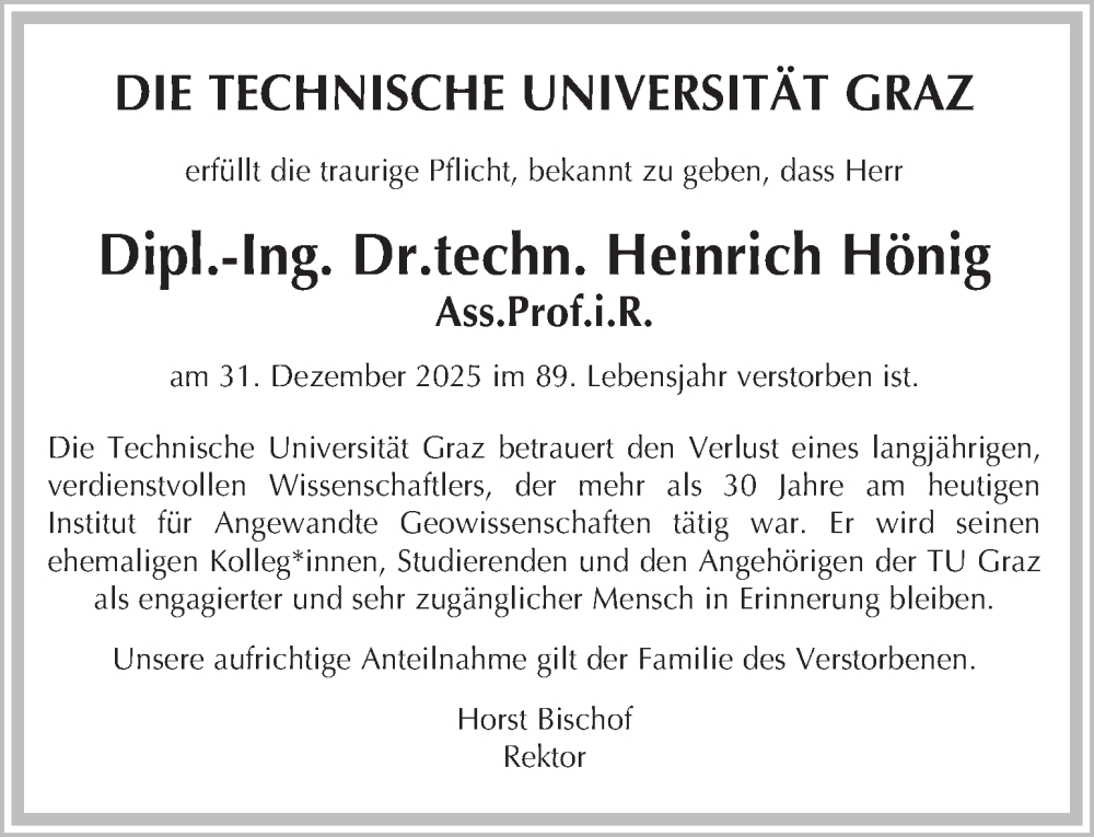  Traueranzeige für Heinrich Hönig vom 17.01.2026 aus Kleine Zeitung